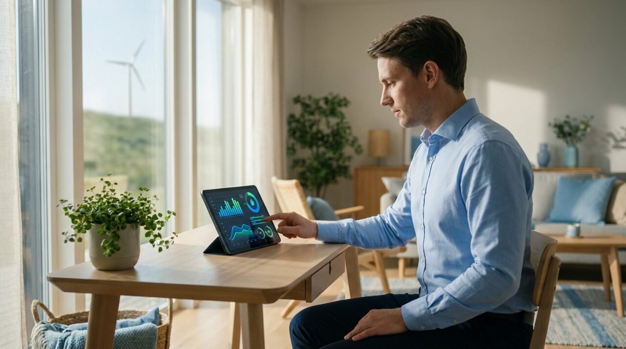 Un homme consulte des graphiques de consommation d'énergie sur une tablette devant une fenêtre avec une éolienne.