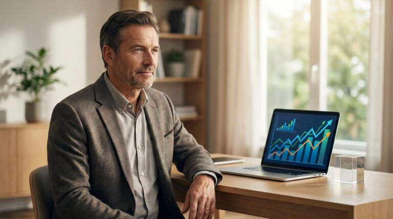 Homme mûr réfléchissant à sa retraite devant un PC portable affichant des graphiques financiers positifs, dans un bureau lumineux.