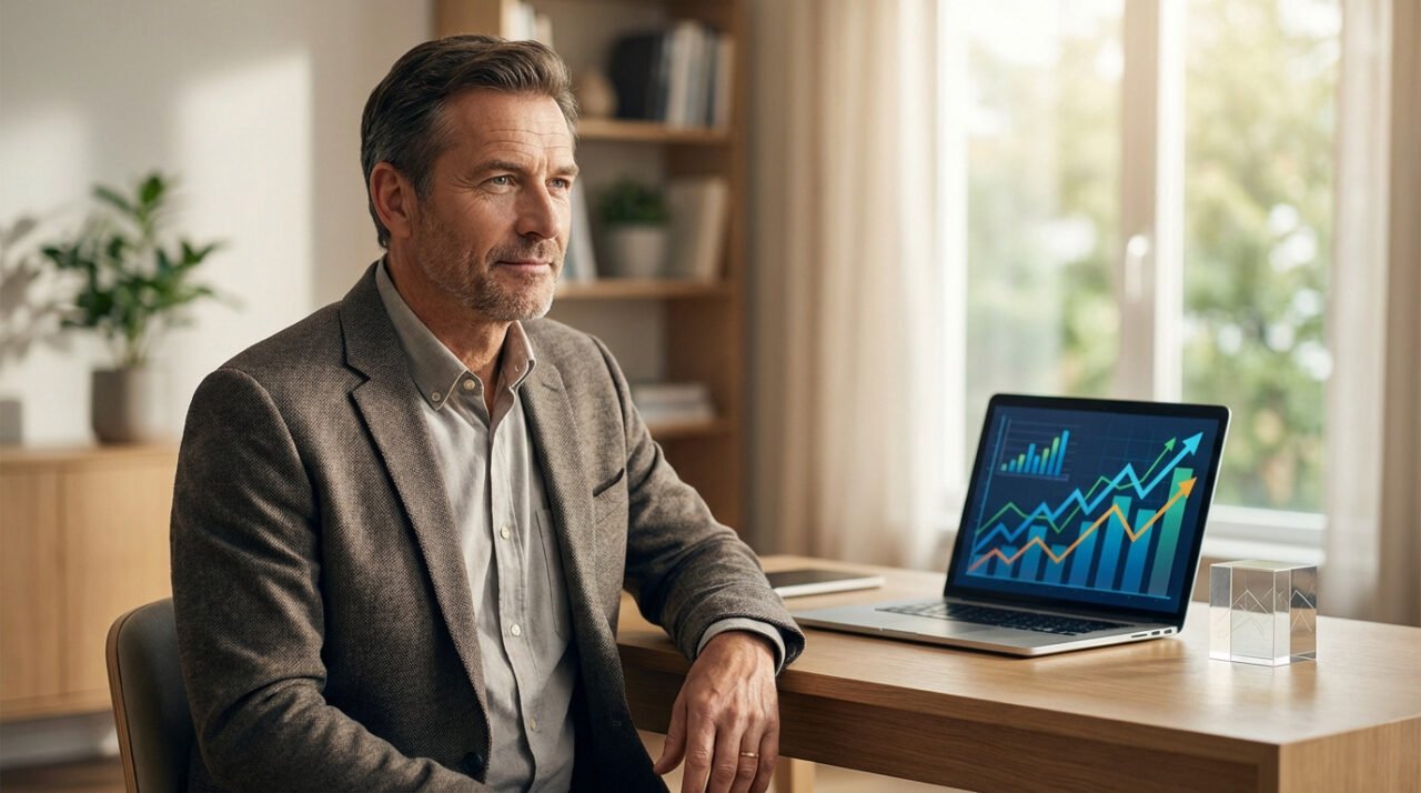 Homme mûr réfléchissant à sa retraite devant un PC portable affichant des graphiques financiers positifs, dans un bureau lumineux.