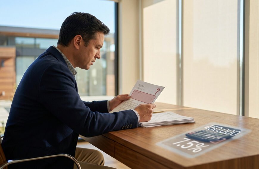 Un homme d'affaires examine des documents importants et des chiffres financiers (450 000, 7.5%) projetés sur son bureau.