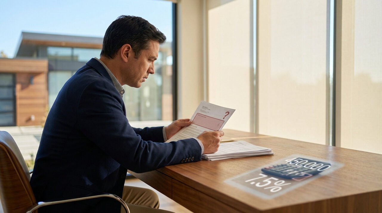Un homme d'affaires examine des documents importants et des chiffres financiers (450 000, 7.5%) projetés sur son bureau.