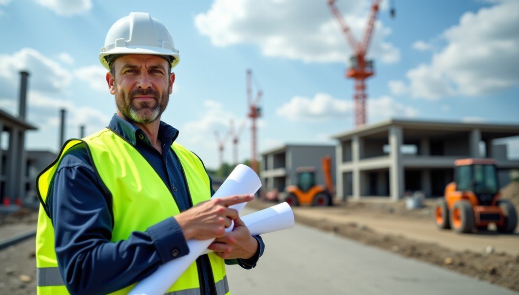 Homme portant un casque et un gilet de sécurité et tenant des plans sur un chantier de construction avec des grues et des structures partiellement construites à l'arrière-plan.