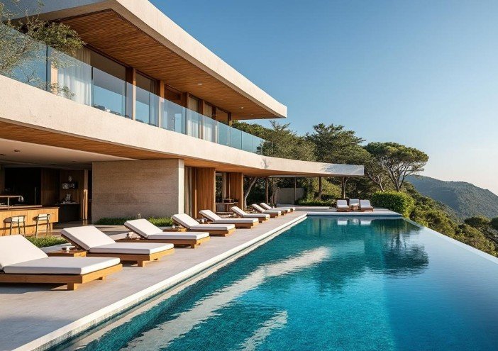 Maison de luxe moderne dotée d'une longue piscine extérieure, bordée de chaises longues blanches, sur fond de collines et de ciel bleu clair.