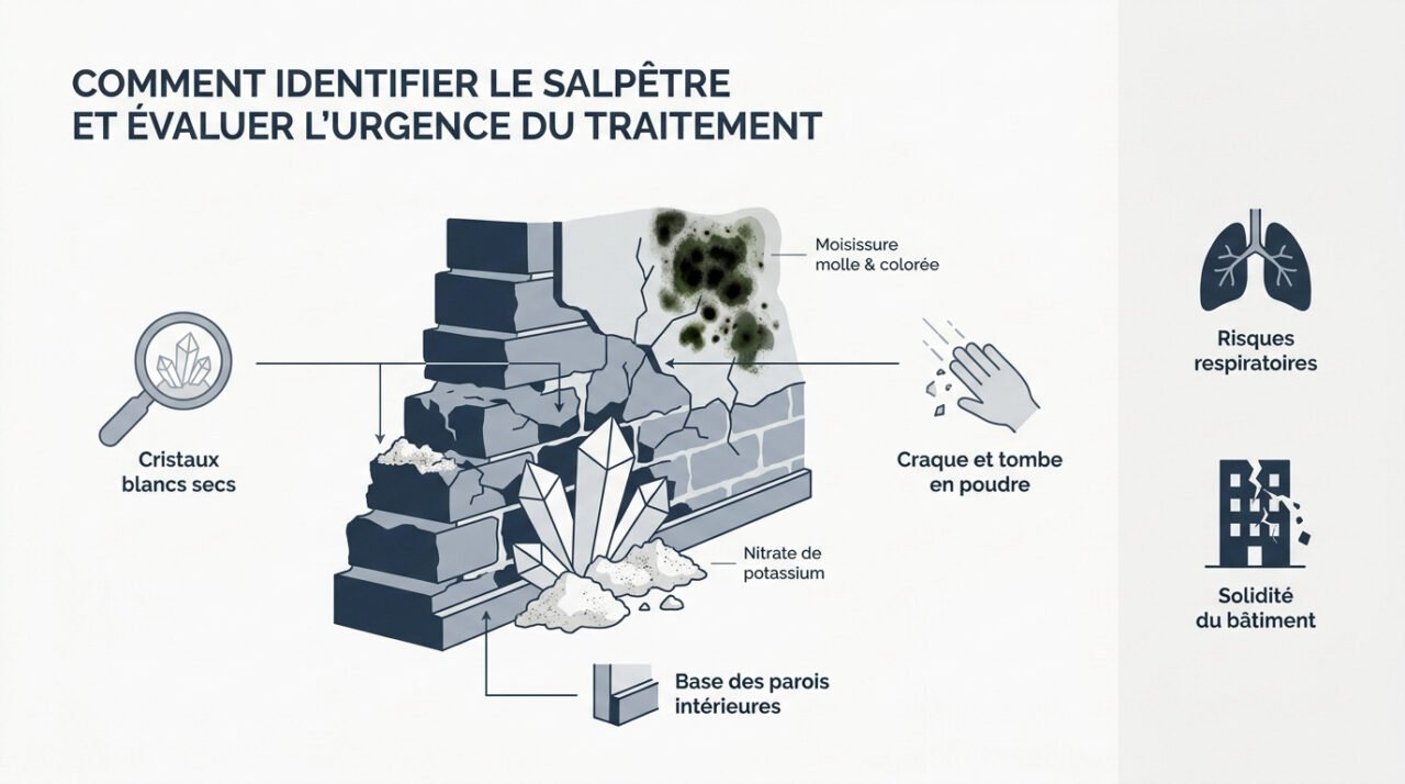 Dépôts de salpêtre cristallisé en bas d'un mur humide
