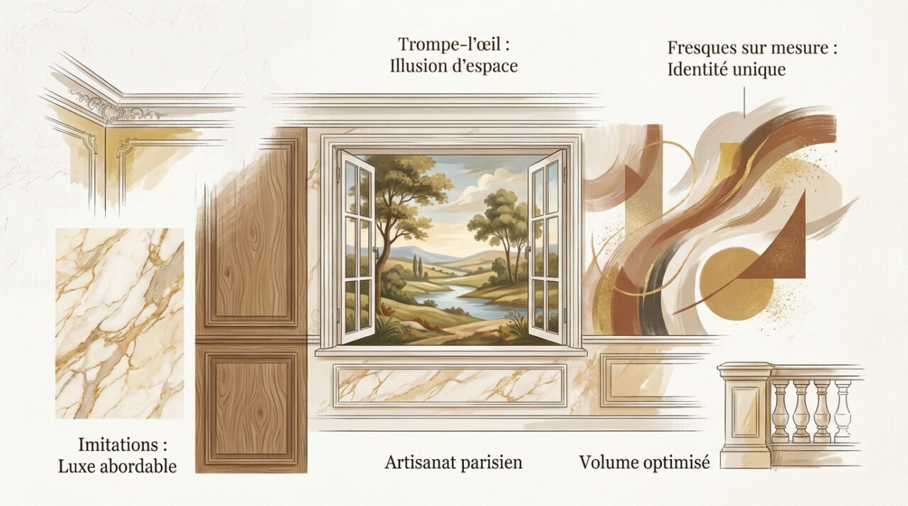 Artiste peintre réalisant une fresque murale décorative dans un intérieur parisien élégant