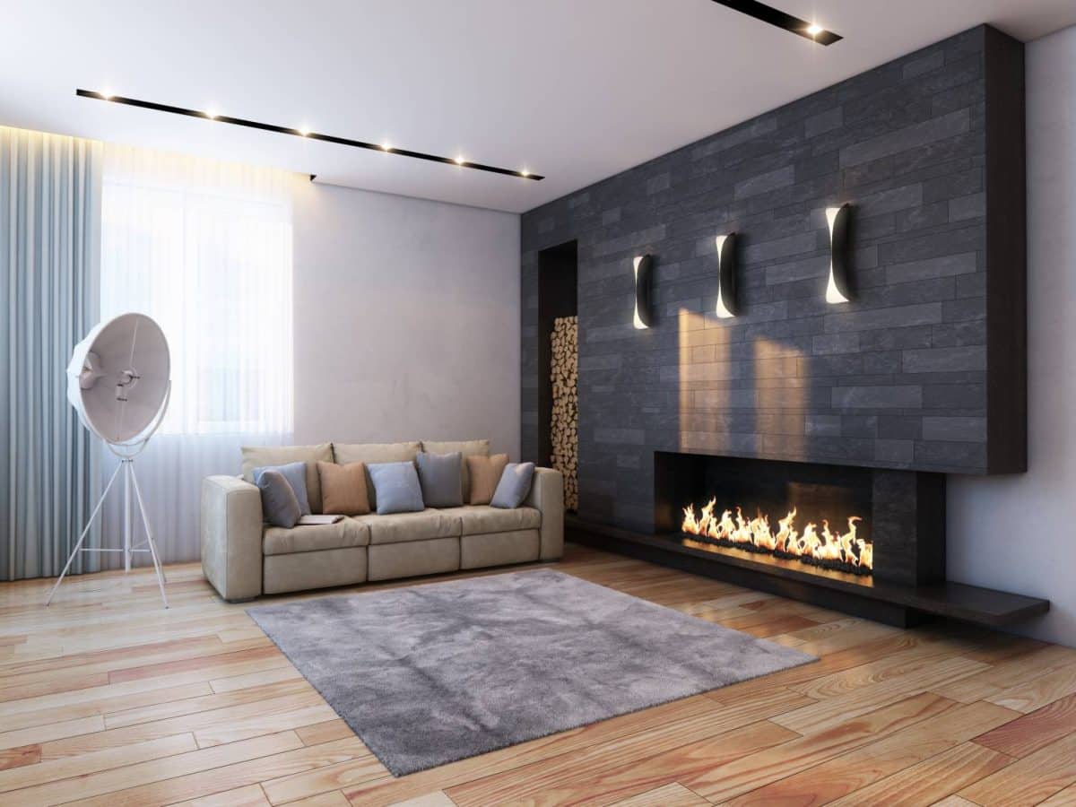 Un salon moderne avec une cheminée.
