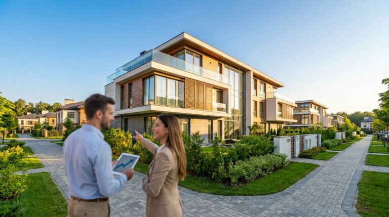 Professionnels de l'immobilier regardant un immeuble moderne avec une tablette montrant une courbe de croissance.