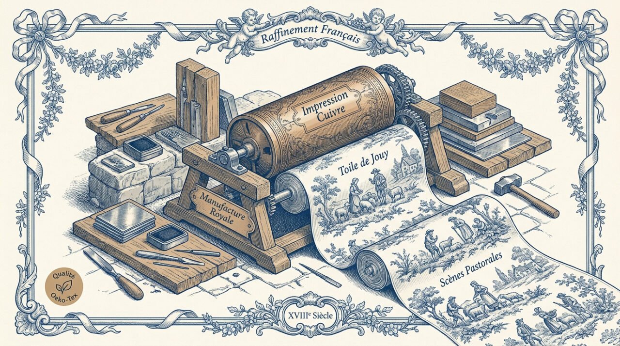 Technique d'impression sur cuivre pour tissu toile de Jouy historique