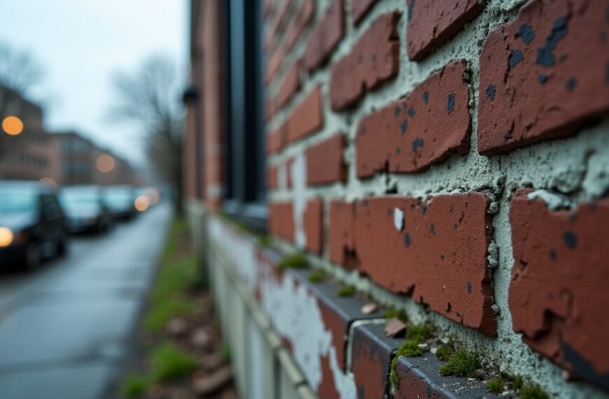 Gros plan sur un mur de briques rouges patiné, situé au bord d'une rue de la ville, avec des voitures garées et des immeubles flous en arrière-plan, par temps nuageux.