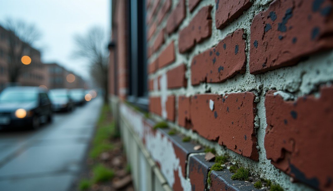 Gros plan sur un mur de briques rouges patiné, situé au bord d'une rue de la ville, avec des voitures garées et des immeubles flous en arrière-plan, par temps nuageux.