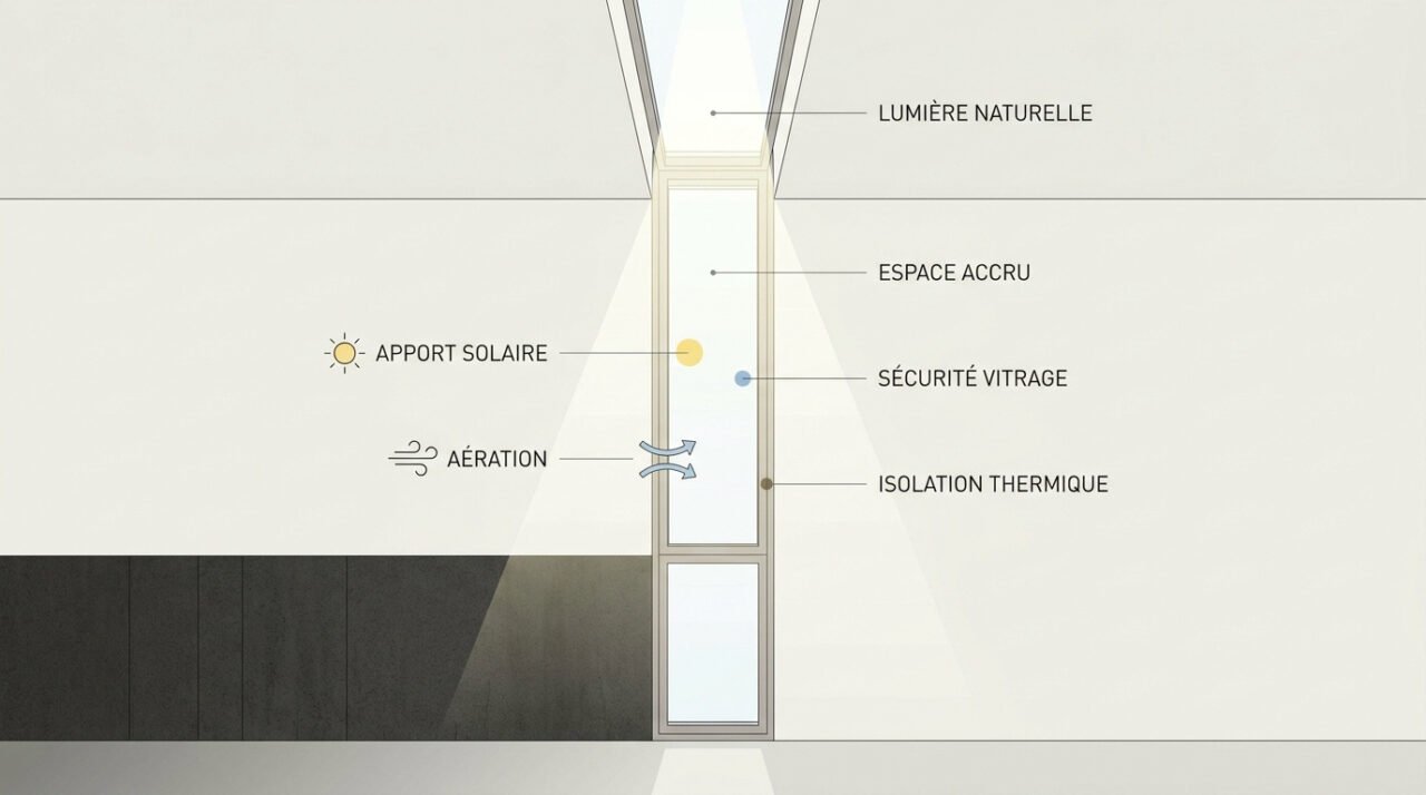 Infographie montrant l'apport de lumière naturelle et les performances thermiques d'une imposte vitrée en architecture