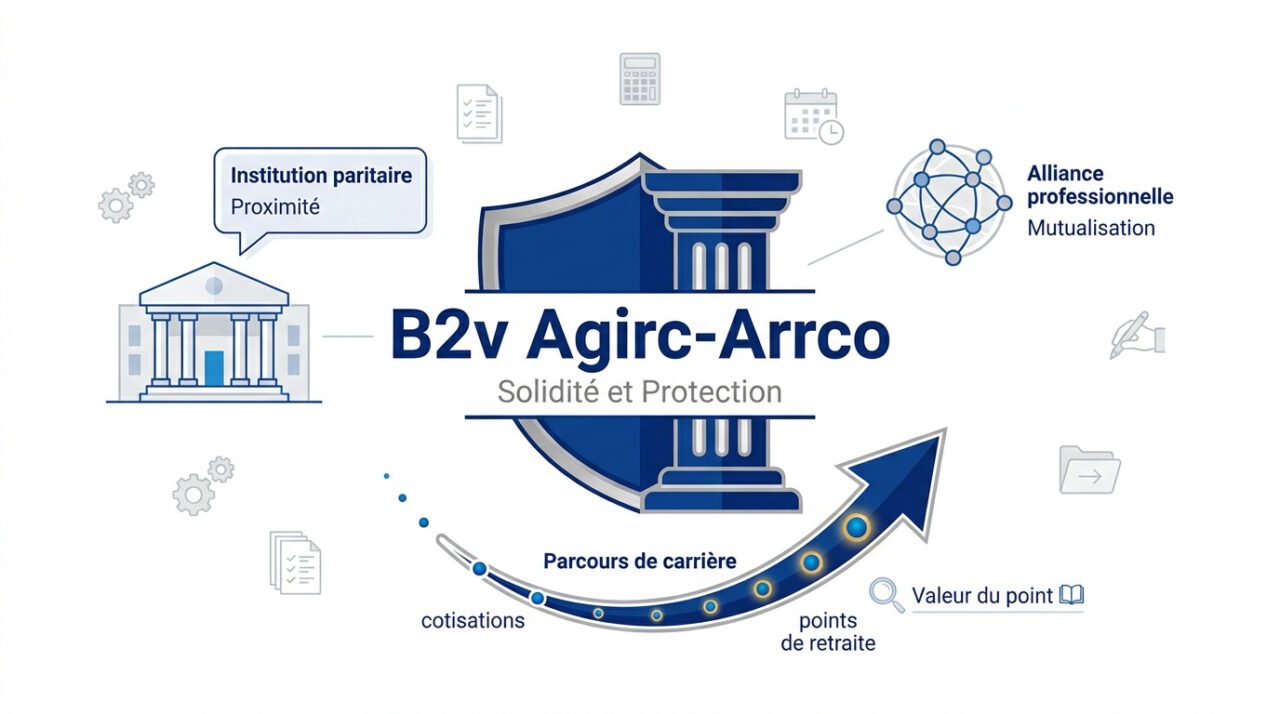 Infographie expliquant le fonctionnement de la retraite complémentaire B2V Agirc-Arrco