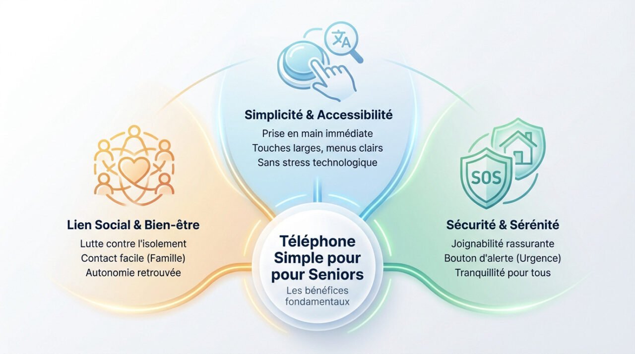 Infographie illustrant les avantages ergonomiques et sécuritaires d'un téléphone à grosses touches pour personnes âgées