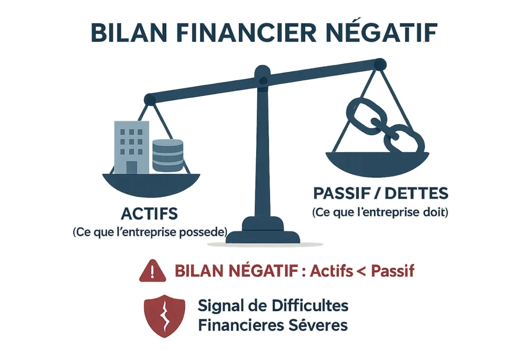 Infographie comparant les actifs et le passif d'une entreprise avec bilan négatif