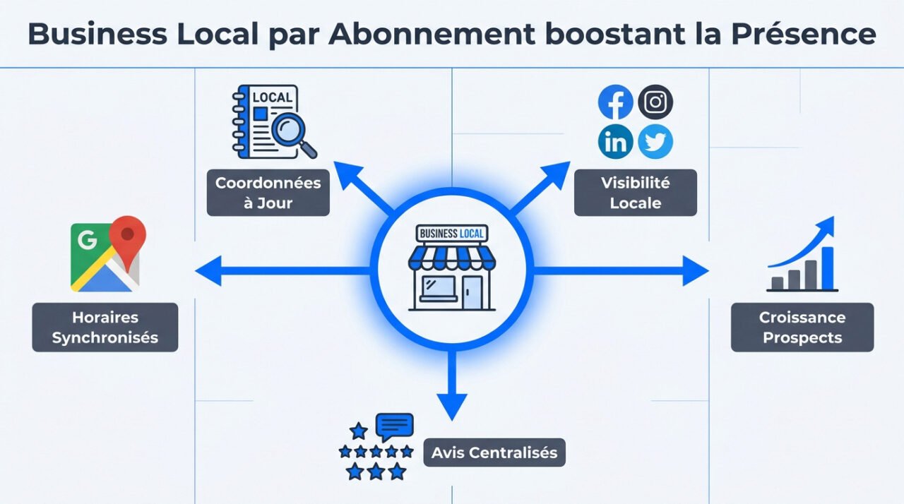Infographie expliquant les avantages du business local avec abonnement mensuel pour le SEO