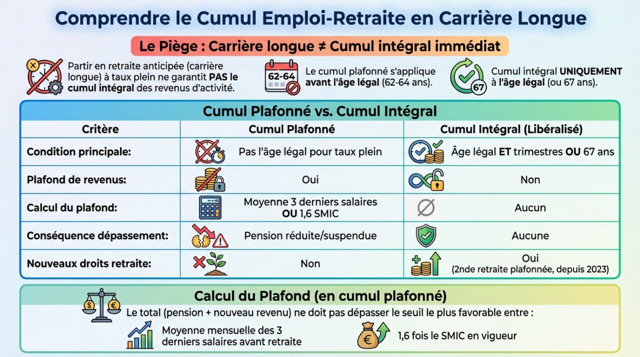 Infographie explicative sur les différences entre cumul emploi-retraite plafonné et intégral pour les carrières longues