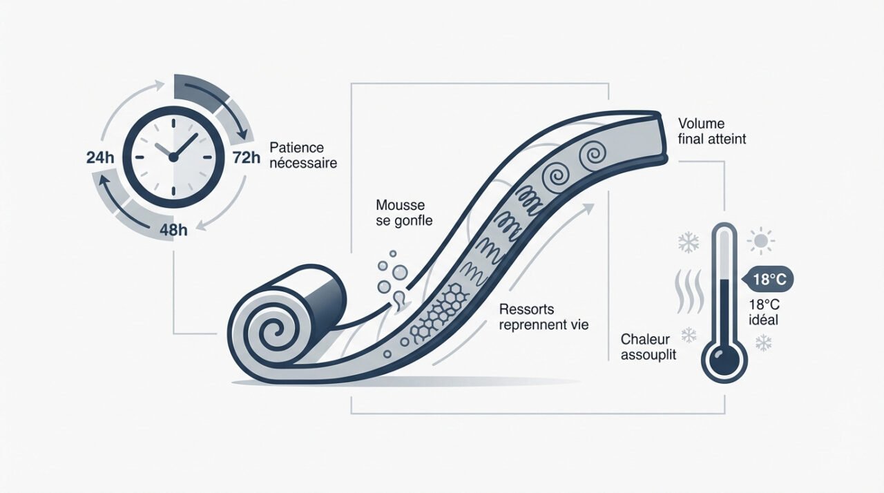 Infographie montrant les étapes de déballage et de gonflement d'un matelas compressé