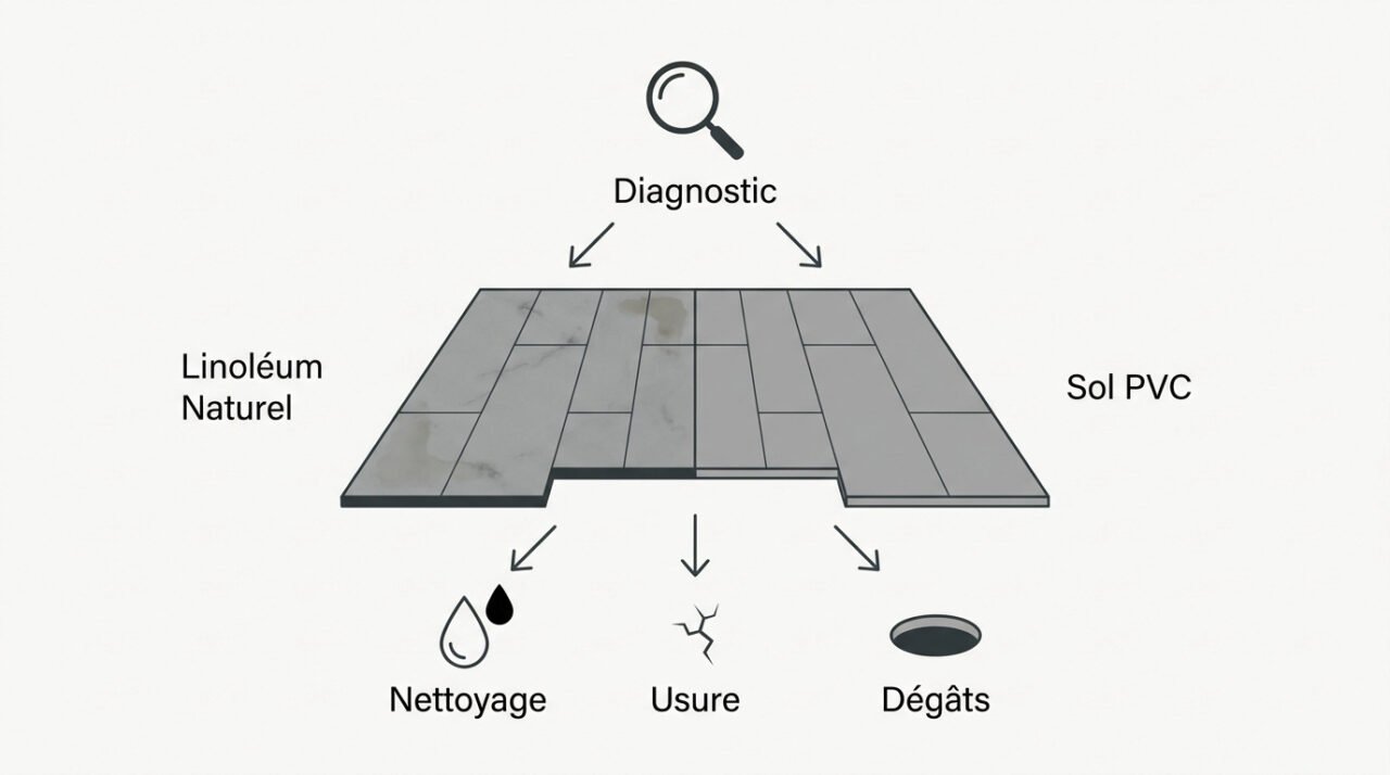 Infographie sur le diagnostic et l'entretien des sols linoléum et PVC