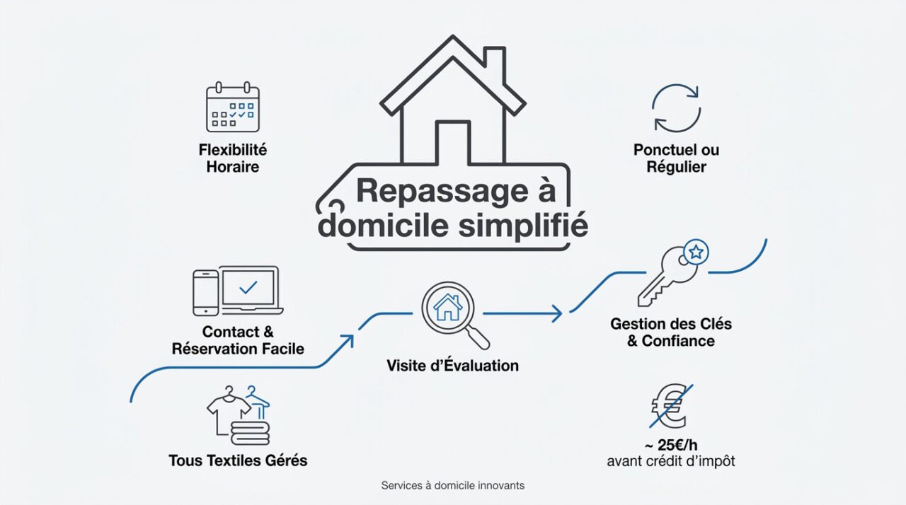 Infographie expliquant les étapes du service de repassage à domicile
