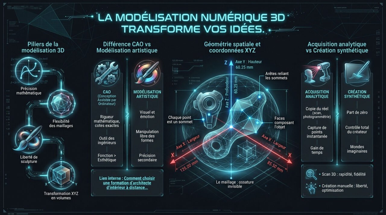 Infographie expliquant les étapes de la modélisation 3D de l'idée au rendu final