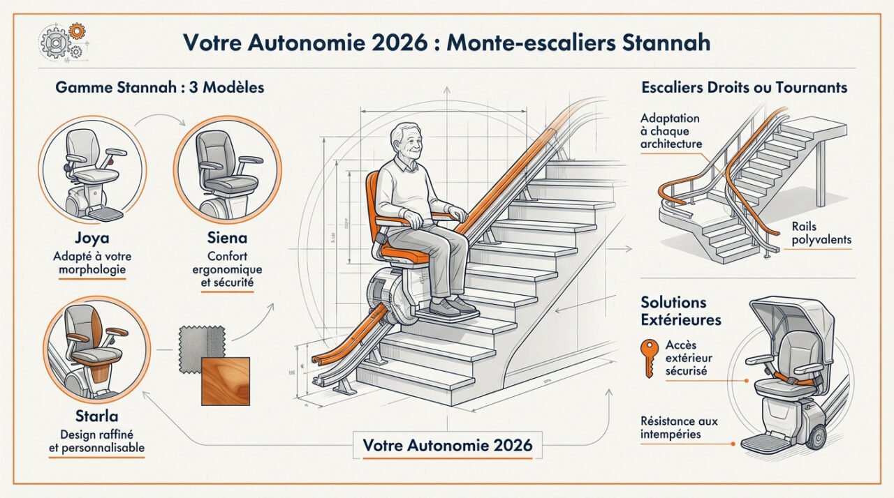 Infographie présentant les modèles de monte-escaliers Stannah Joya, Siena et Starla pour l'autonomie à domicile