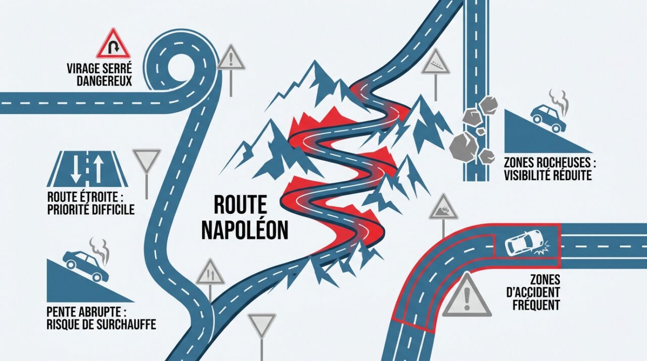 Infographie détaillant les zones de vigilance et les risques sur la route Napoléon
