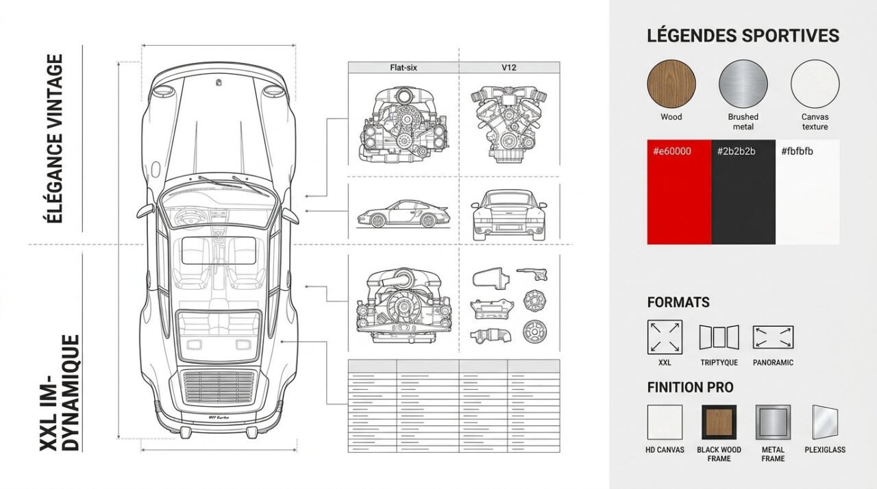Infographie technique de voitures de sport légendaires pour décoration murale
