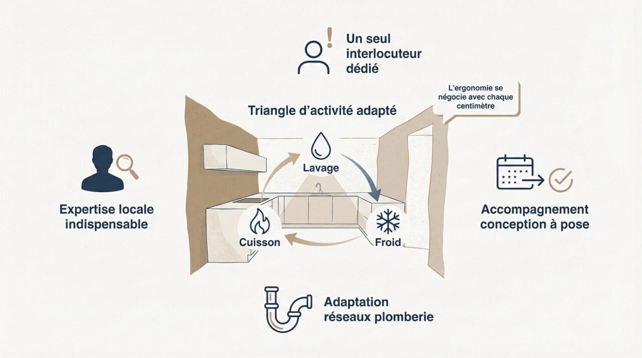 Schéma du triangle d'activité pour une rénovation de cuisine à Lons-le-Saunier
