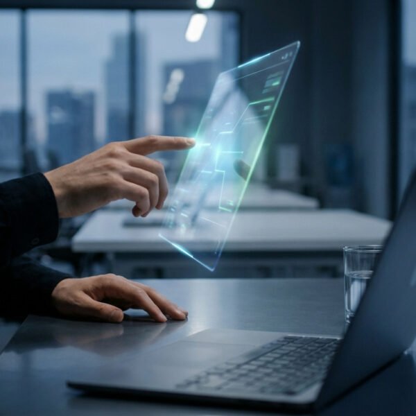 Une personne interagit avec une interface numérique transparente devant un ordinateur portable posé sur un bureau, avec en arrière-plan un verre d'eau et des bâtiments urbains visibles à travers de grandes fenêtres.