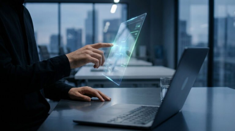 Une personne interagit avec une interface numérique transparente devant un ordinateur portable posé sur un bureau, avec en arrière-plan un verre d'eau et des bâtiments urbains visibles à travers de grandes fenêtres.