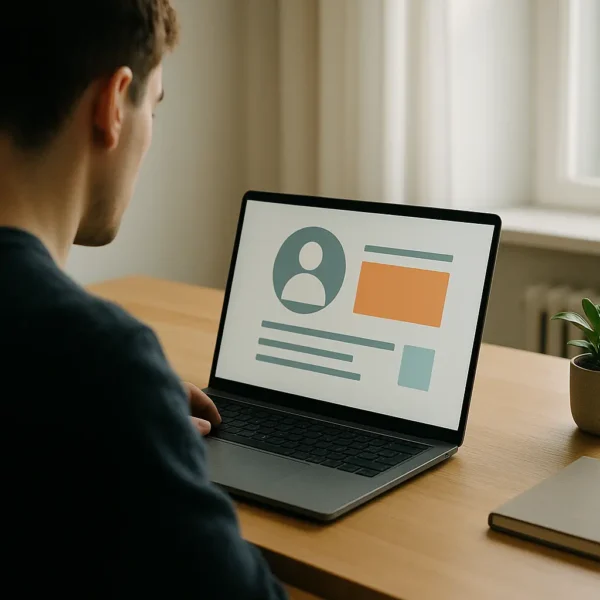 Une personne est assise à un bureau et utilise un ordinateur portable affichant une page de profil. Une petite plante en pot et un cahier fermé se trouvent également sur le bureau, près d'une fenêtre.