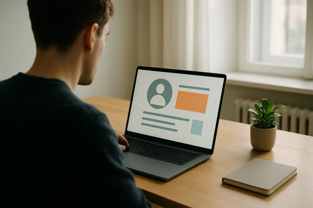 Une personne est assise à un bureau et utilise un ordinateur portable affichant une page de profil. Une petite plante en pot et un cahier fermé se trouvent également sur le bureau, près d'une fenêtre.