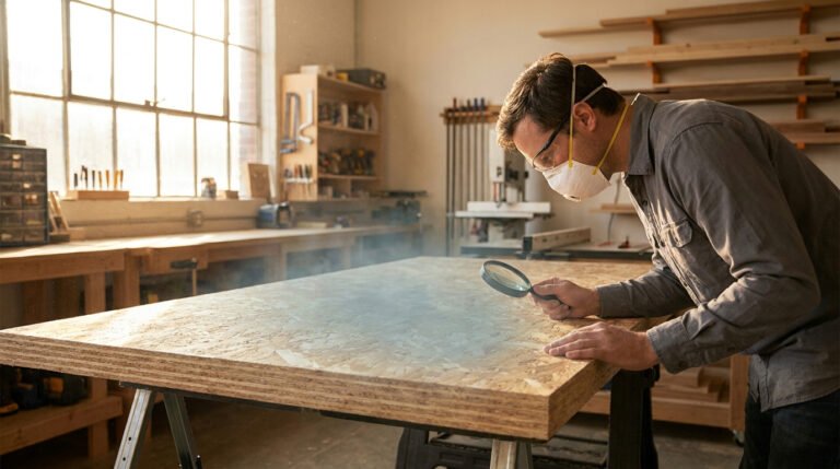Un homme masqué et avec lunettes examine une planche de bois OSB à la loupe dans un atelier poussiéreux, sous la lumière d'une fenêtre.