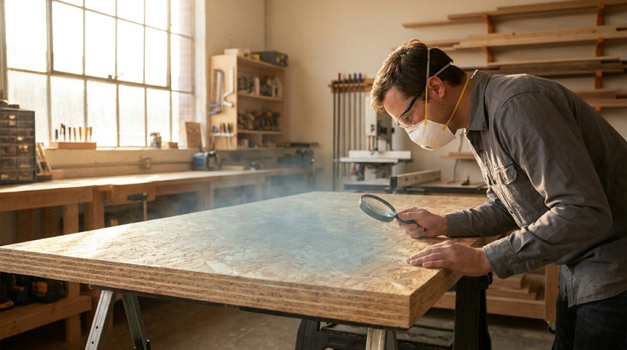 Un homme masqué et avec lunettes examine une planche de bois OSB à la loupe dans un atelier poussiéreux, sous la lumière d'une fenêtre.