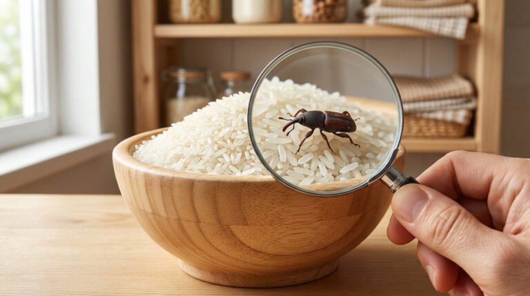 Un gros plan d'un charançon brun sur des grains de riz blancs dans un bol en bois, vu à travers une loupe tenue par une main.