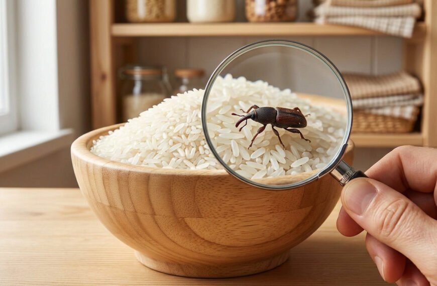 Un gros plan d'un charançon brun sur des grains de riz blancs dans un bol en bois, vu à travers une loupe tenue par une main.