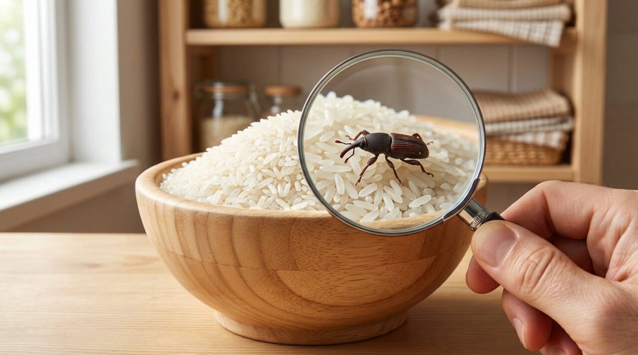 Un gros plan d'un charançon brun sur des grains de riz blancs dans un bol en bois, vu à travers une loupe tenue par une main.
