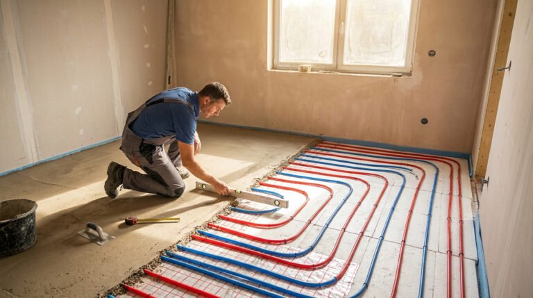 Artisan installant un réseau de tuyaux de chauffage au sol dans une pièce en pleine rénovation.
