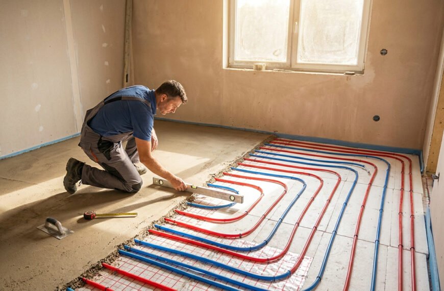 Artisan installant un réseau de tuyaux de chauffage au sol dans une pièce en pleine rénovation.