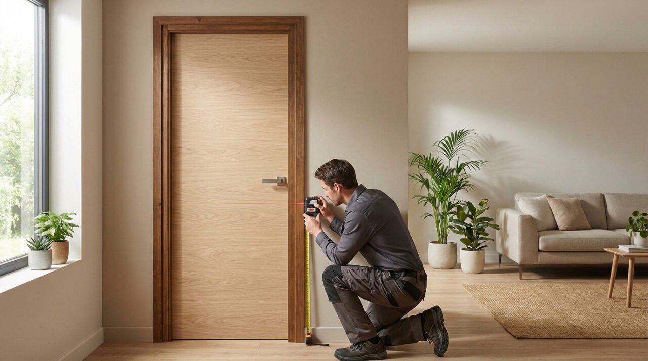 Un artisan mesure précisément un bloc-porte de rénovation en bois clair dans un cadre foncé, dans un intérieur moderne et lumineux.