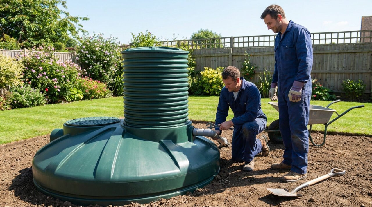 Deux ouvriers en bleu de travail installent une cuve de récupération d'eau enterrée dans un jardin ensoleillé.