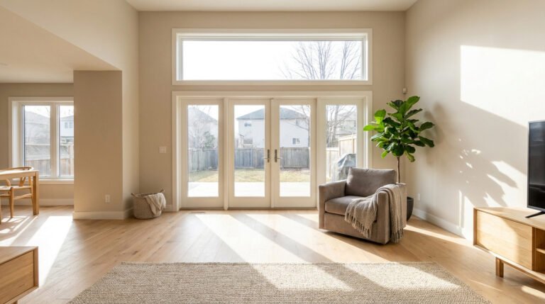 Salon lumineux avec portes-fenêtres et une grande imposte vitrée laissant entrer la lumière naturelle.