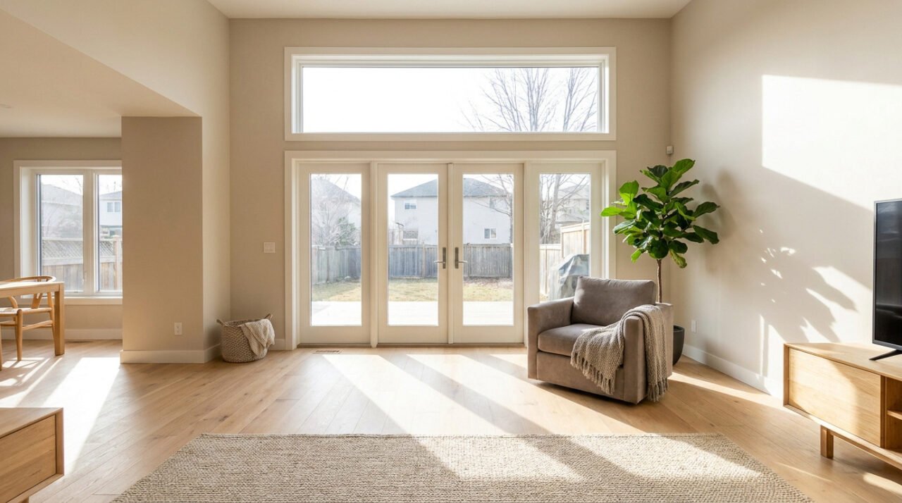 Salon lumineux avec portes-fenêtres et une grande imposte vitrée laissant entrer la lumière naturelle.