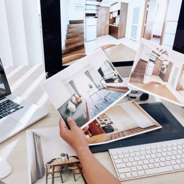Personne tenant des photos imprimées de décorations d'intérieur, assise à un bureau avec un ordinateur portable, un écran et un clavier.