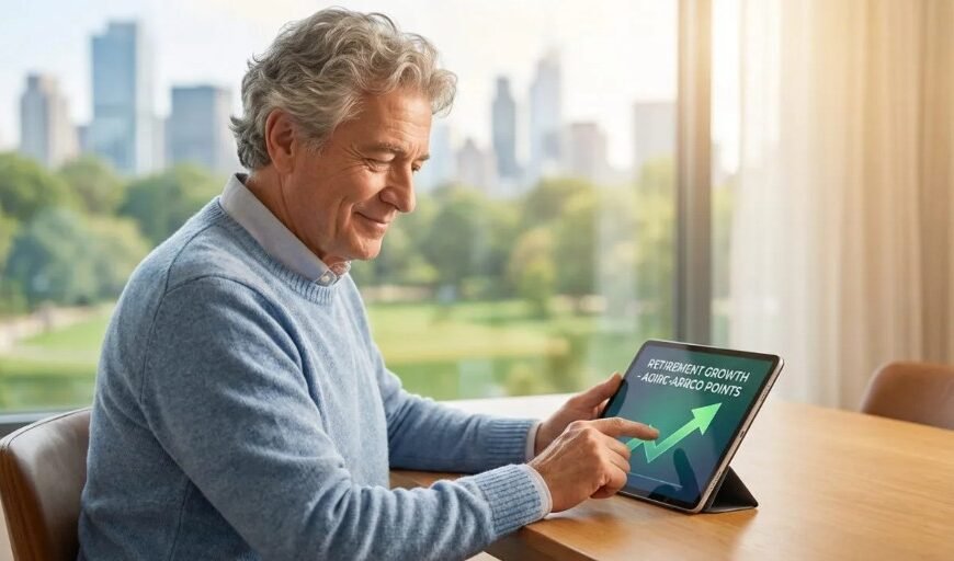 Un homme d'un certain âge est assis à une table, souriant tout en touchant une tablette affichant un graphique ascendant intitulé "Croissance de la retraite", avec des bâtiments urbains et des arbres visibles à travers une fenêtre à l'arrière-plan.