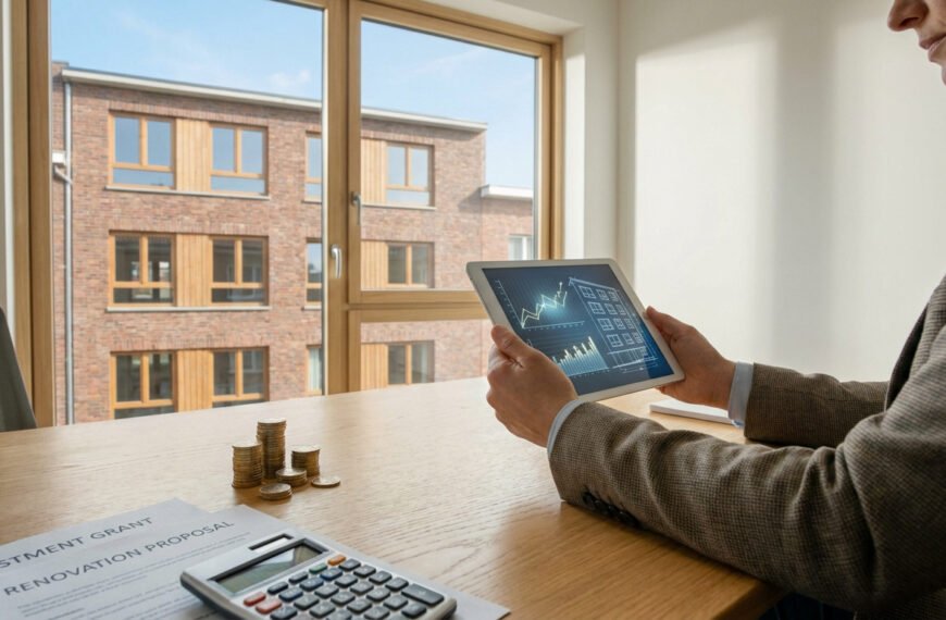 Une personne consulte des données de rénovation sur tablette, avec subventions et pièces sur le bureau, face à un immeuble.