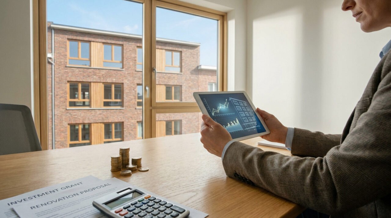 Une personne consulte des données de rénovation sur tablette, avec subventions et pièces sur le bureau, face à un immeuble.