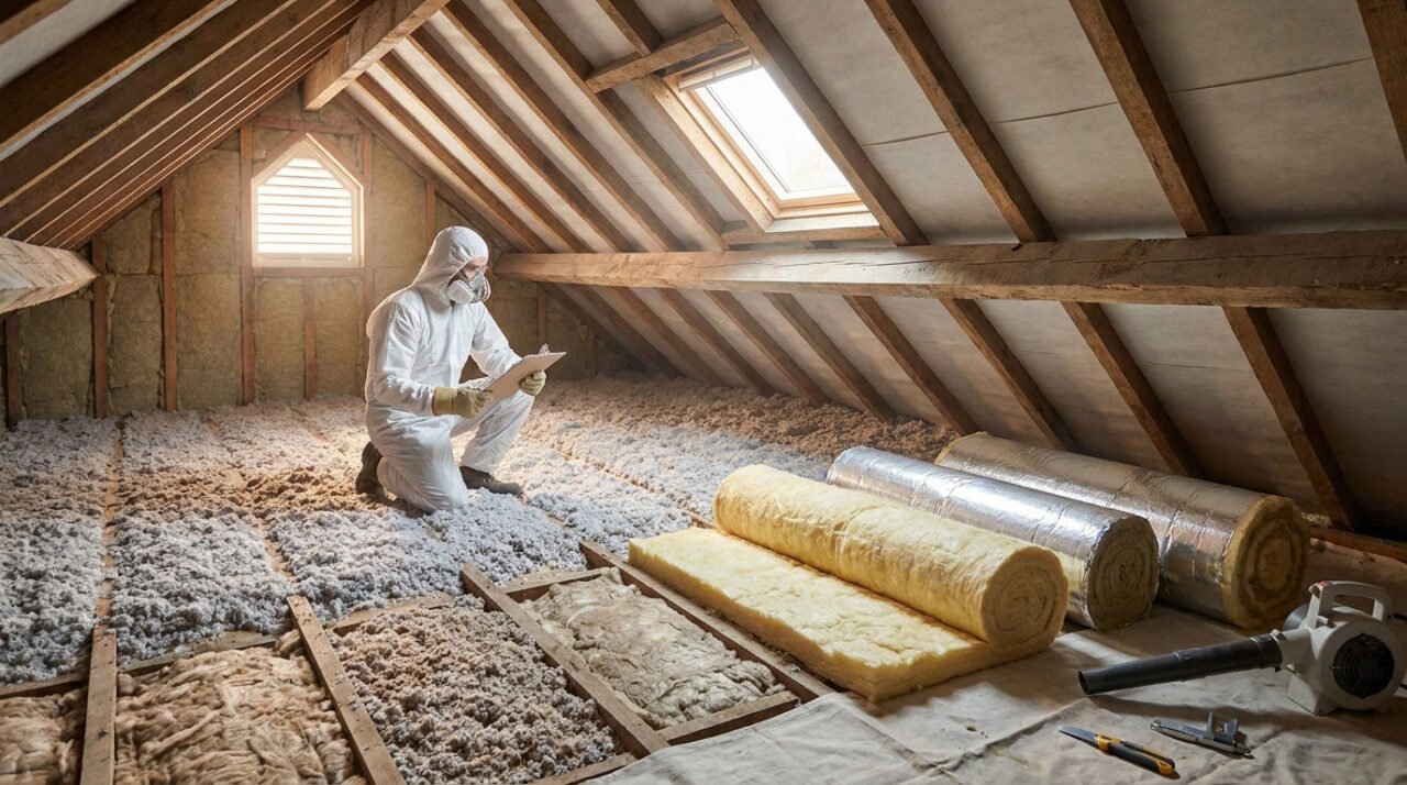 Un professionnel en combinaison de protection inspecte l'isolation de combles perdus avec des rouleaux de laine isolante.