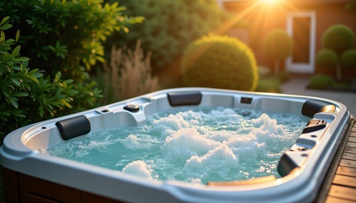 Un jacuzzi extérieur bouillonnant est entouré de verdure dans une arrière-cour, avec la lumière du soleil en arrière-plan.