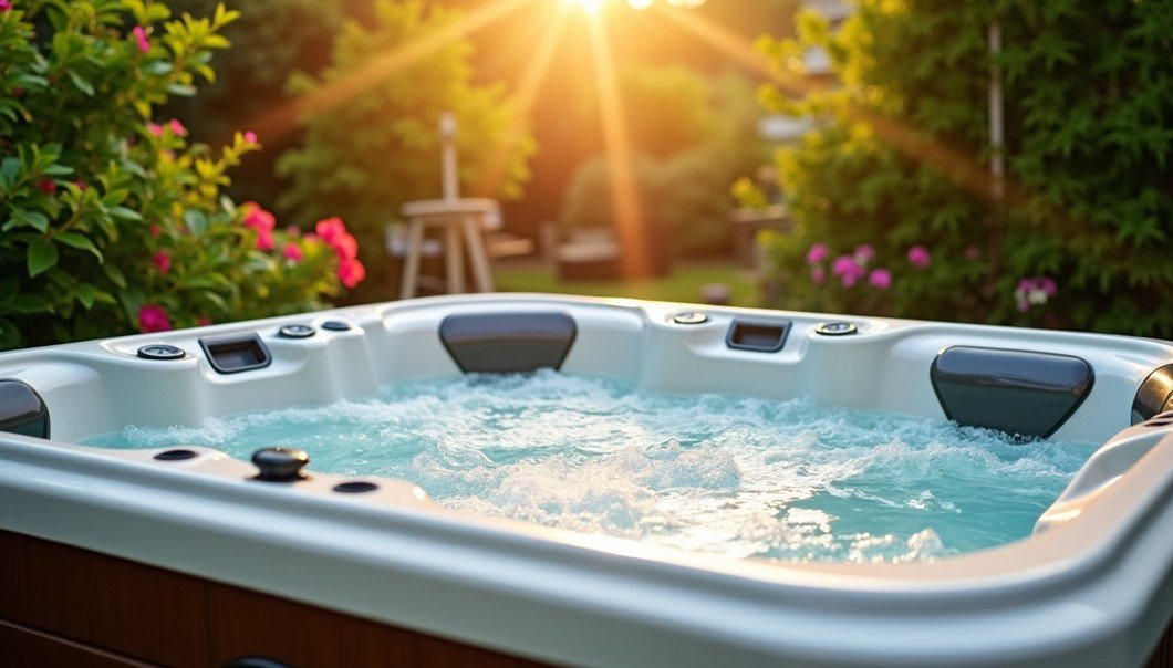 Un jacuzzi avec de l'eau bouillonnante se trouve à l'extérieur dans un jardin, entouré de verdure et de fleurs épanouies, avec la lumière du soleil en arrière-plan.